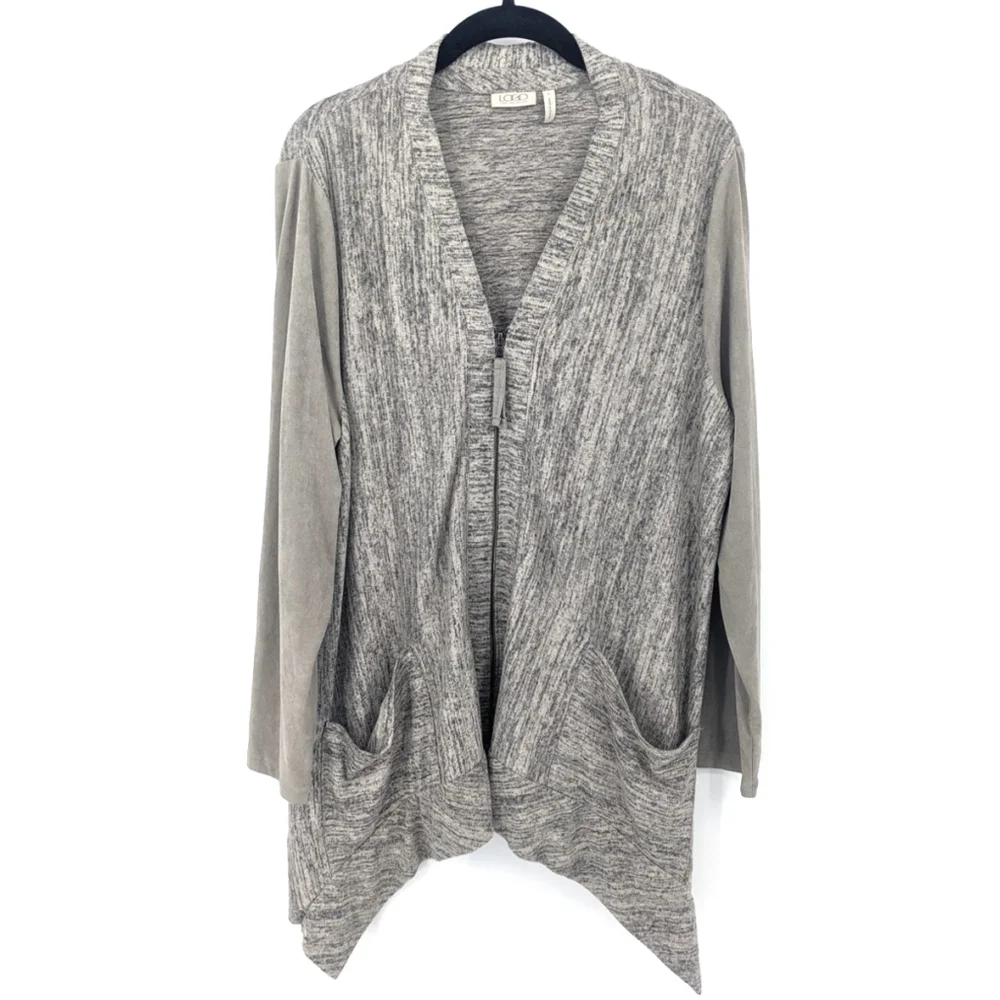 Logo by Lori Goldstein Cardigan Women Taupe Tan Large Sweater‎ Drape Pockets